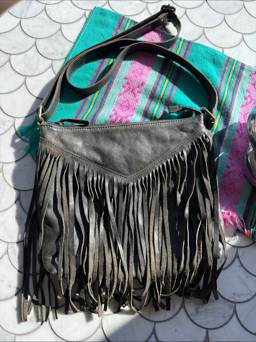 Cut n’ Paste- Fringe Crossbody Bag in faded black leather Shoulder Bag